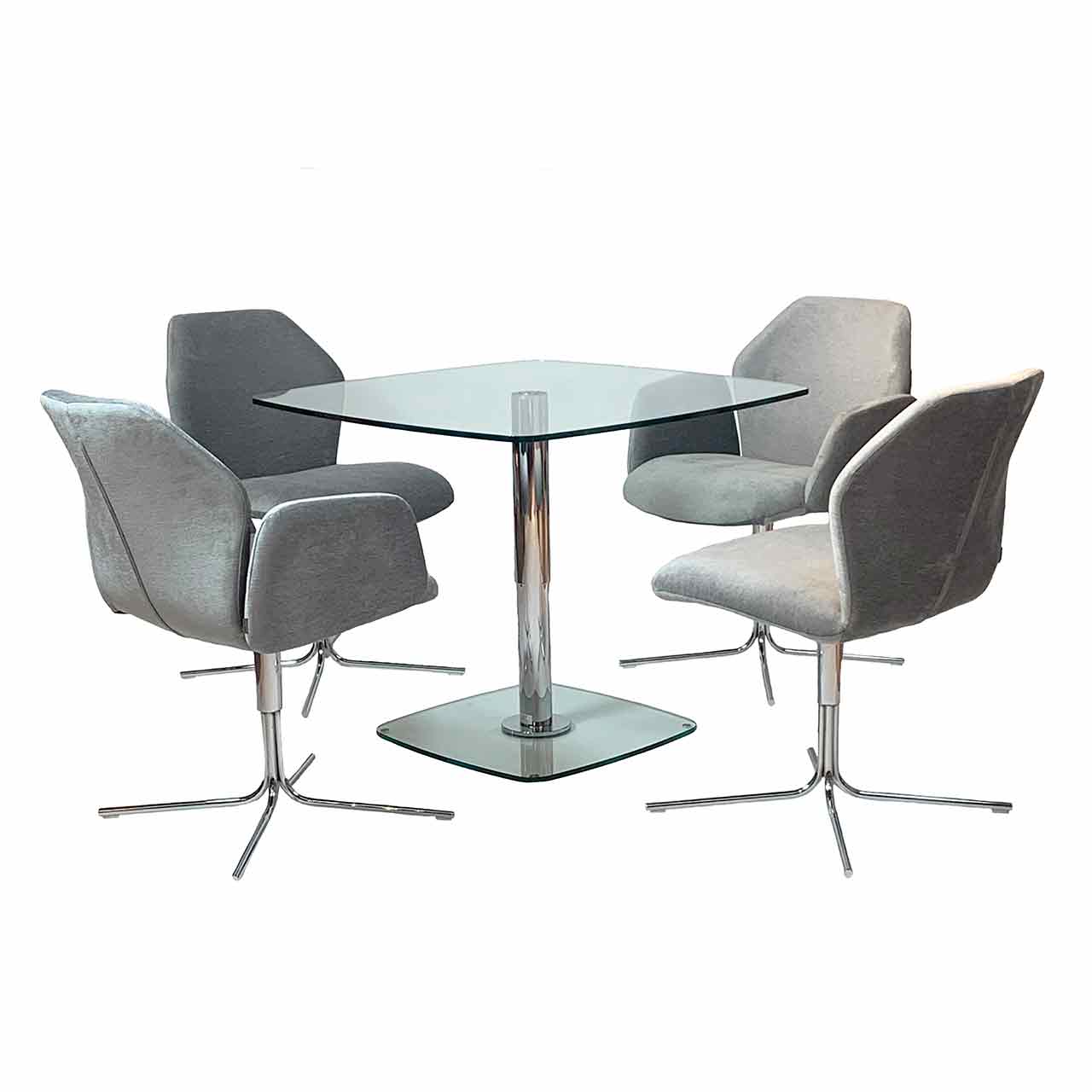 Ronald Schmitt – Triplex P430 bombiert | 75x75 cm, Tischplatte Floatglas, kombiniert mit Stuhl Cello Tisch mit Glasplatte und abgerundeten Ecken hochgefahren. Kombiniert mit passenden Stühlen.