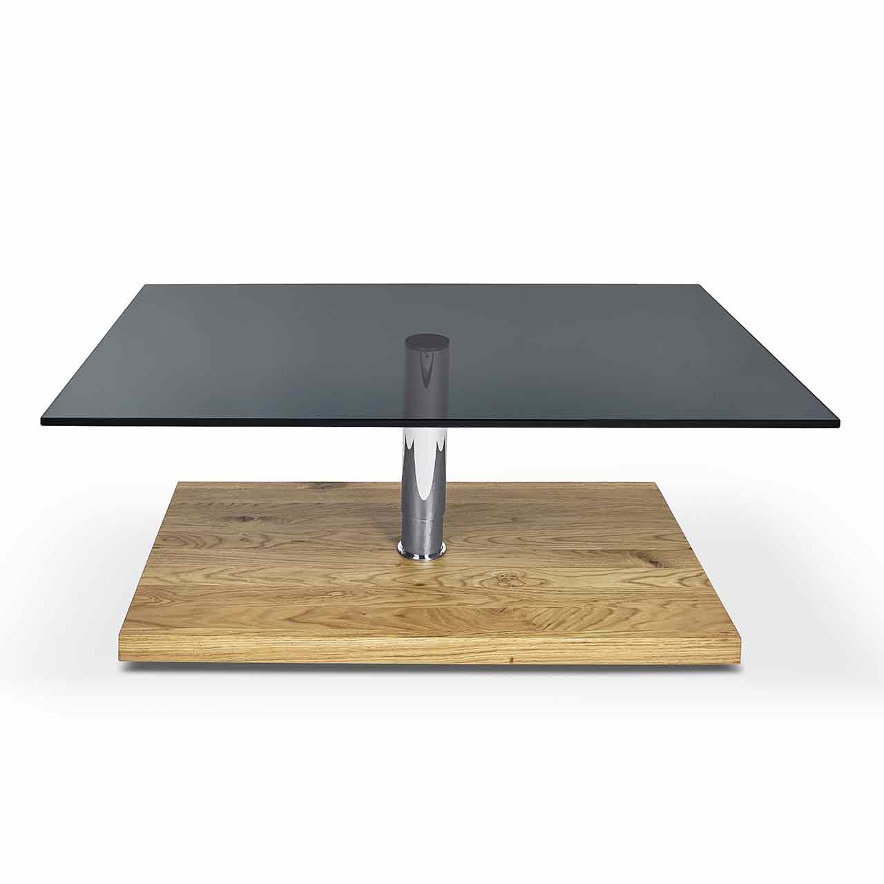 Couchtisch mit rechteckiger grauer Glasplatte auf eckigen Holz-Sockel.