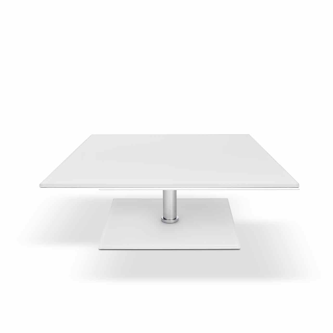 Ronald Schmitt – Fixus P 590 | Tischplatte Optiwhite Nano weiß lackiert, Säule Edelstahl mattiert, Bodenplatte weiß lackiert
