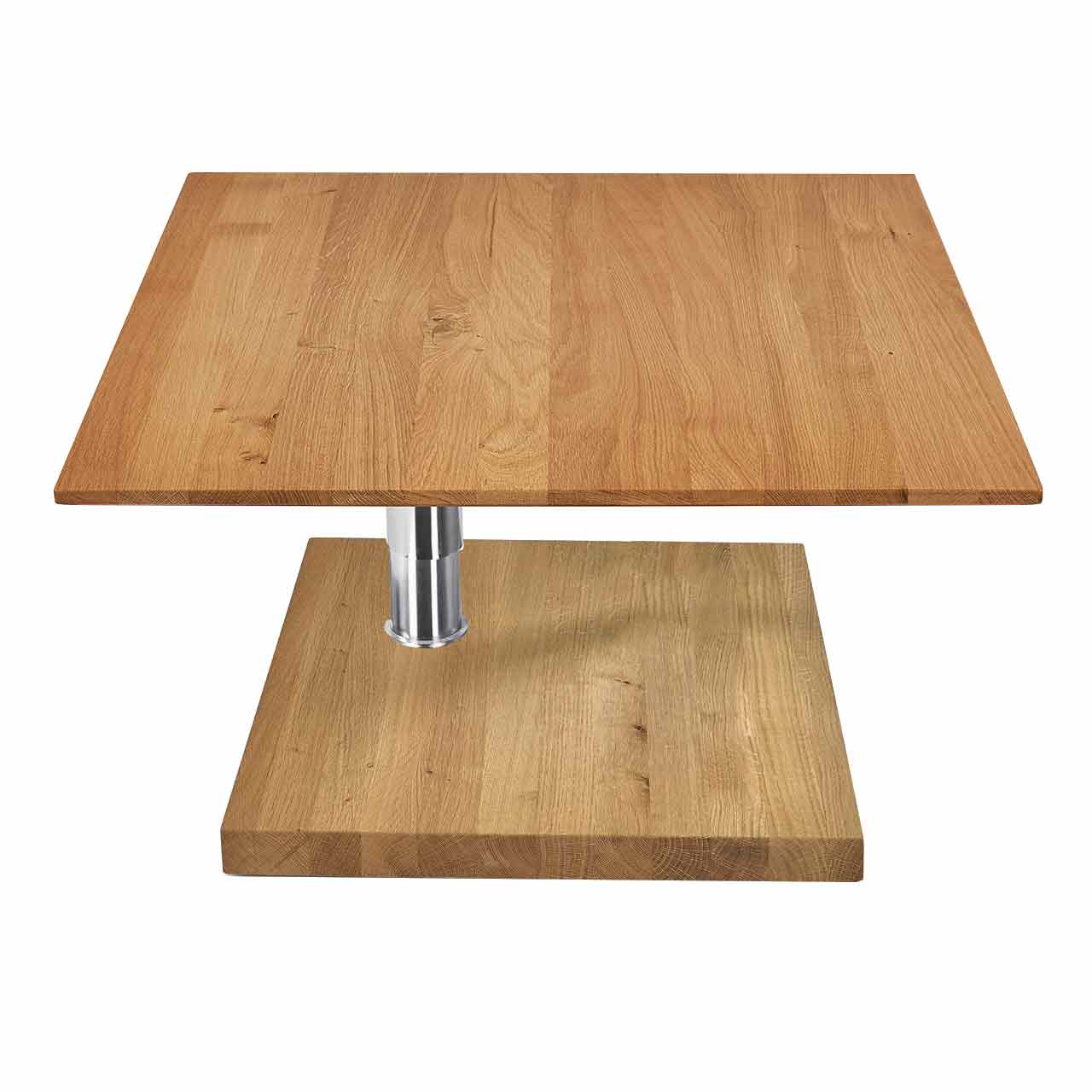 Ronald Schmitt – Couchtisch K 733  Tischplatte und Sockel Wildeiche Natur, Säule Chrom Couchtisch mit quadratischer Tischplatte aus hellem Holz auf eckigem Holz-Sockel. Tisch runtergefahren.
