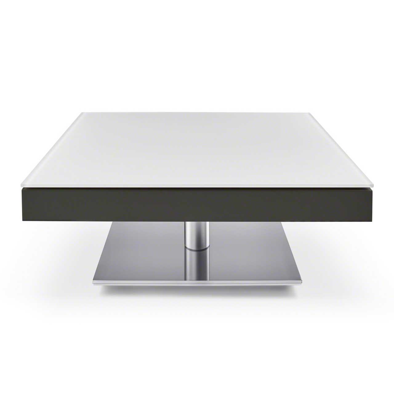 Ronald Schmitt – Couchtisch Janus K 468 | Korpus MDF Grau, Sockel Edelstahl geschliffen, geschlossen Stauraum-Couchtisch mit rechteckiger Glasplatte auf dunkelgrauem Korpus. Platte geschlossen. Eckiger Edelstahl-Sockel.