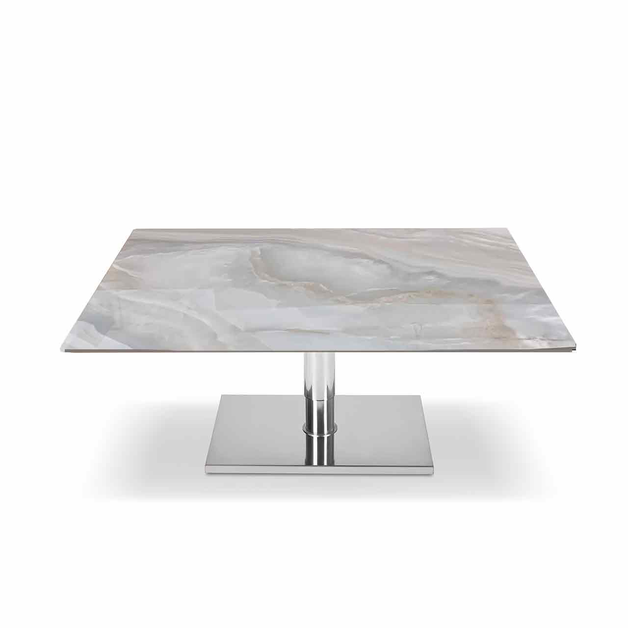 Ronald Schmitt – Couchtisch Duett K 536 | Tischplatte Keramik Diamond, Sockel Edelstahl geschliffen Couchtisch mit rechteckiger Tischplatte aus heller gemaserter Keramik auf Edelstahl-Bodenplatte. Tisch runtergefahren