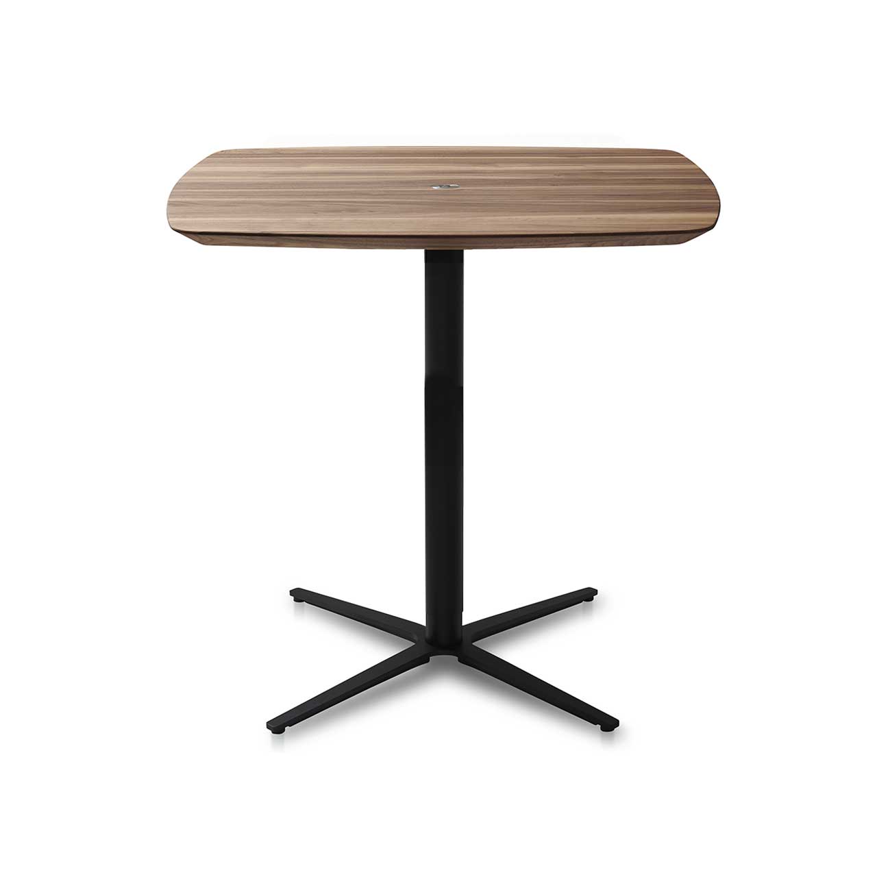 Ronald Schmitt – Triplex P431 bombiert | 90x90 cm, Tischplatte Nussbaum, Sternfuß schwarz Hochgefahrener Tisch mit dunkler Holz-Tischplatte auf schwarzem sternförmigem Gestell.