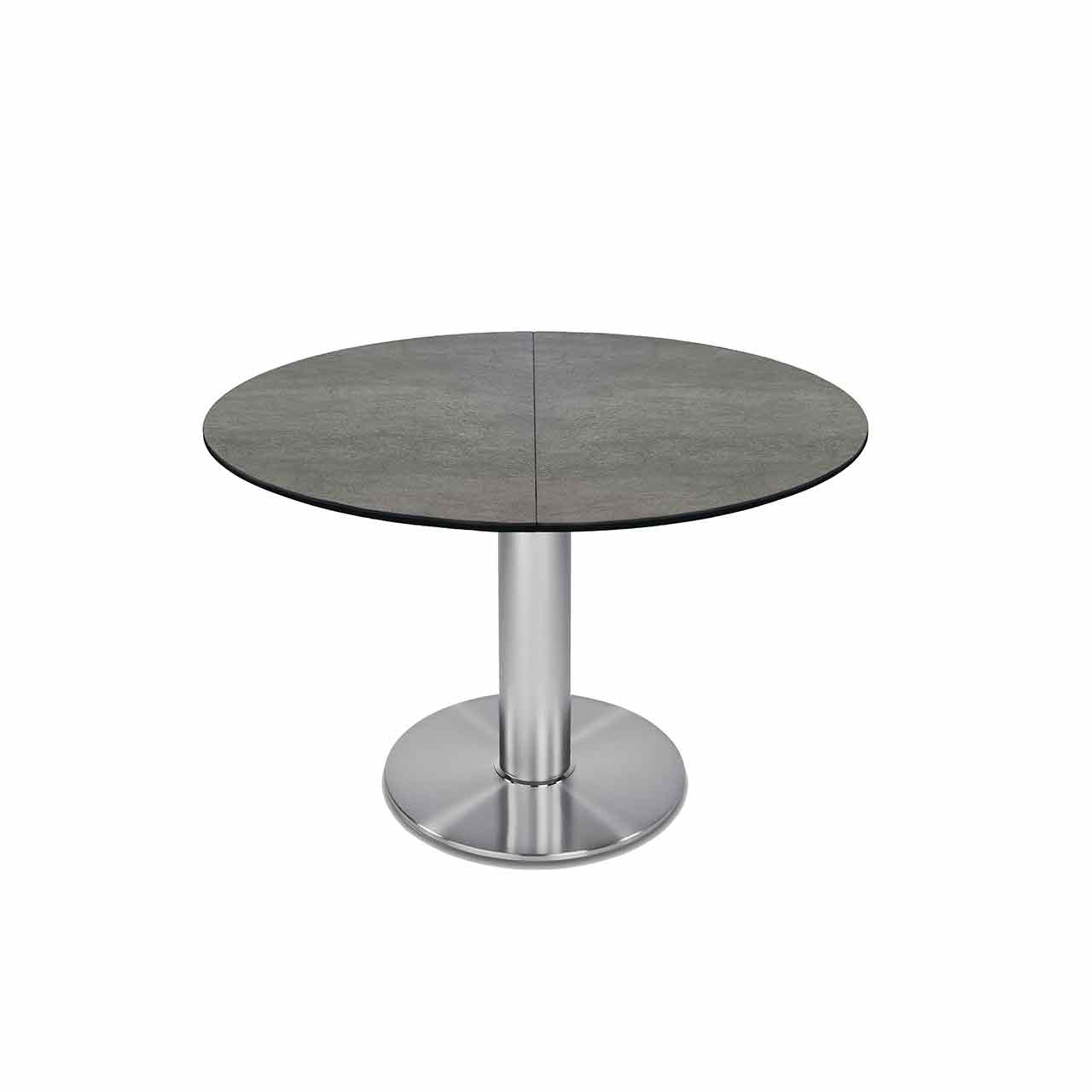 Ronald Schmitt – Esstisch Laura P 4710/E rund | Tischplatte Keramik Zement grau, Gestell Edelstahlfarbig