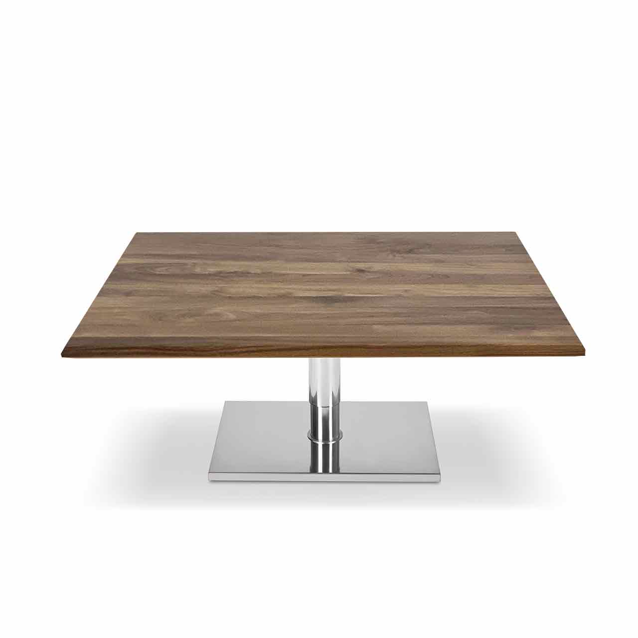 Ronald Schmitt – Couchtisch Duett K 536 | Tischplatte Nussbaum, Sockel Edelstahl geschliffen Couchtisch mit rechteckiger Tischplatte aus dunklem Holz auf Edelstahl-Bodenplatte. Tisch runtergefahren