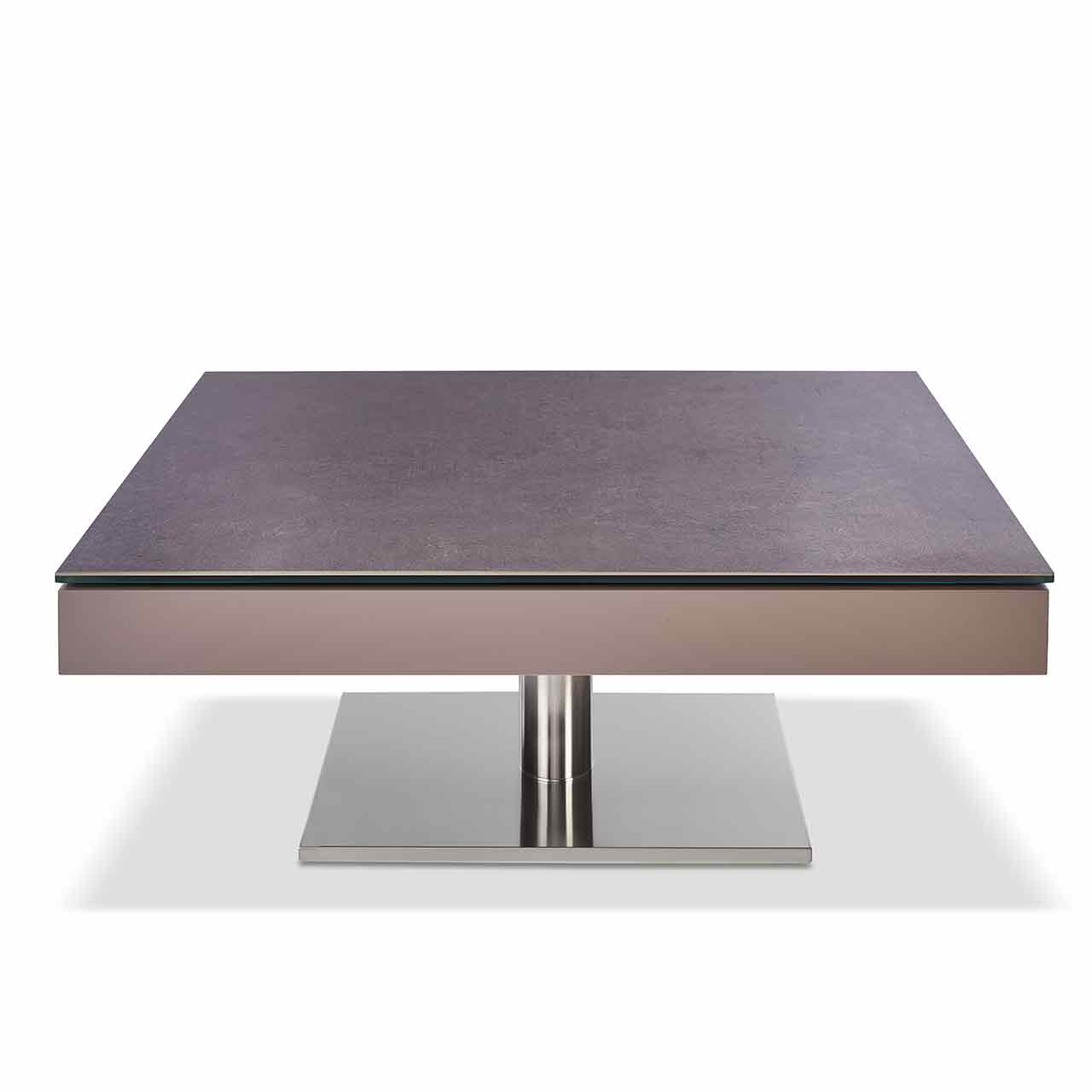 Ronald Schmitt – Couchtisch Janas K 471 Tischplatte Keramik Focus Piombo, Sockel Edelstahl Couchtisch mit grau melierter Keramiktischplatte auf eckigem Korpus und eckiger Edelstahl-Bodenplatte.