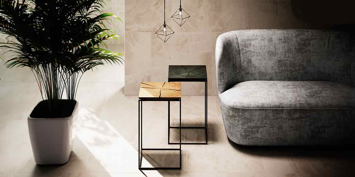 Kategorie Banner Beistelltisch Nature H 205 Eiche Natur und Eiche geräuchert Zwei Beistelltische mit eckiger Tischplatte und Metallgestell. Die Tischplatte des vorderen Tisches ist aus hellem Eichenholz, hinterer Tisch schwarz geräuchertes Eichenholz..