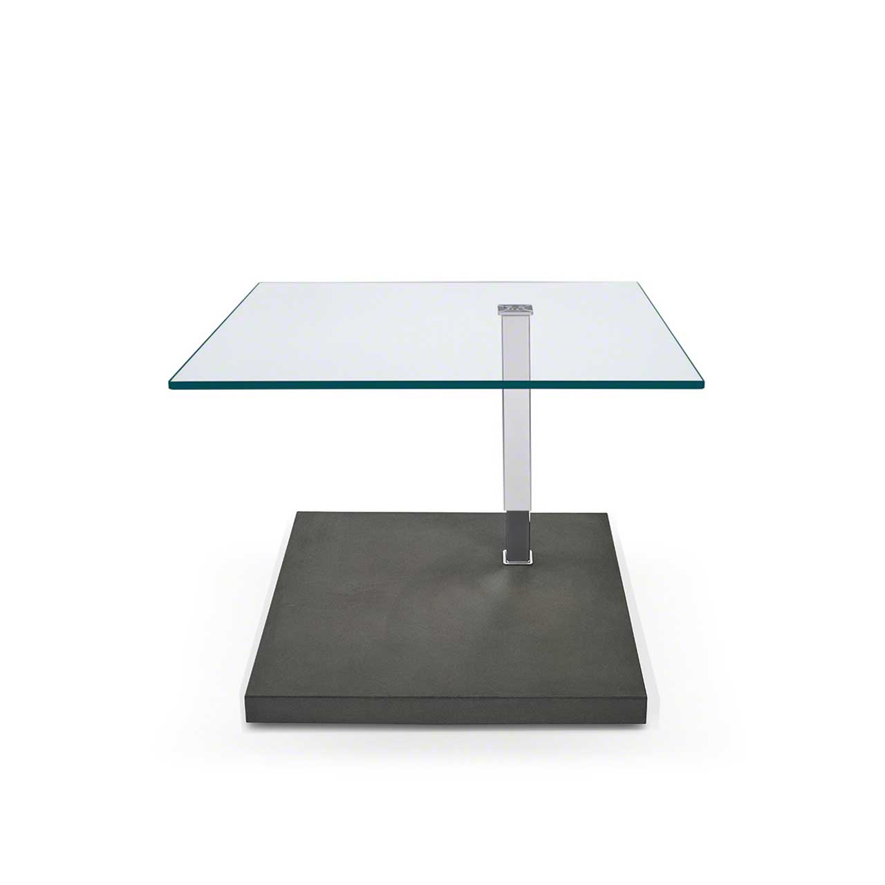 Beistelltisch mit quadratischer Tischplatte aus Glas auf eckiger Bodenplatte in dunkler Betonoptik. Tisch ist runtergefahren.