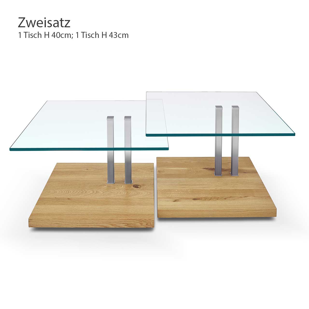Ronald Schmitt – Beistelltisch K 925 Zweisatz Tischplatte Floatglas, Sockel Wildeiche Zwei Beistelltische mit quadratischer Glas-Tischplatte mit Säule auf Holzsockel in zwei Höhen.