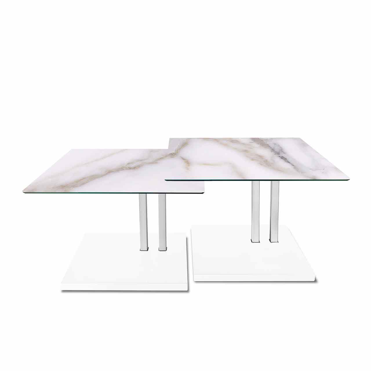 Ronald Schmitt - Beistelltisch K 925 Zweisatz Tischplatte Keramik Calacatta, Sockel MDF Weiß Zwei Beistelltische mit quadratischer Tischplatte aus hell melierter Keramik mit Säule auf weißem Sockel in zwei Höhen als 2-Satz.