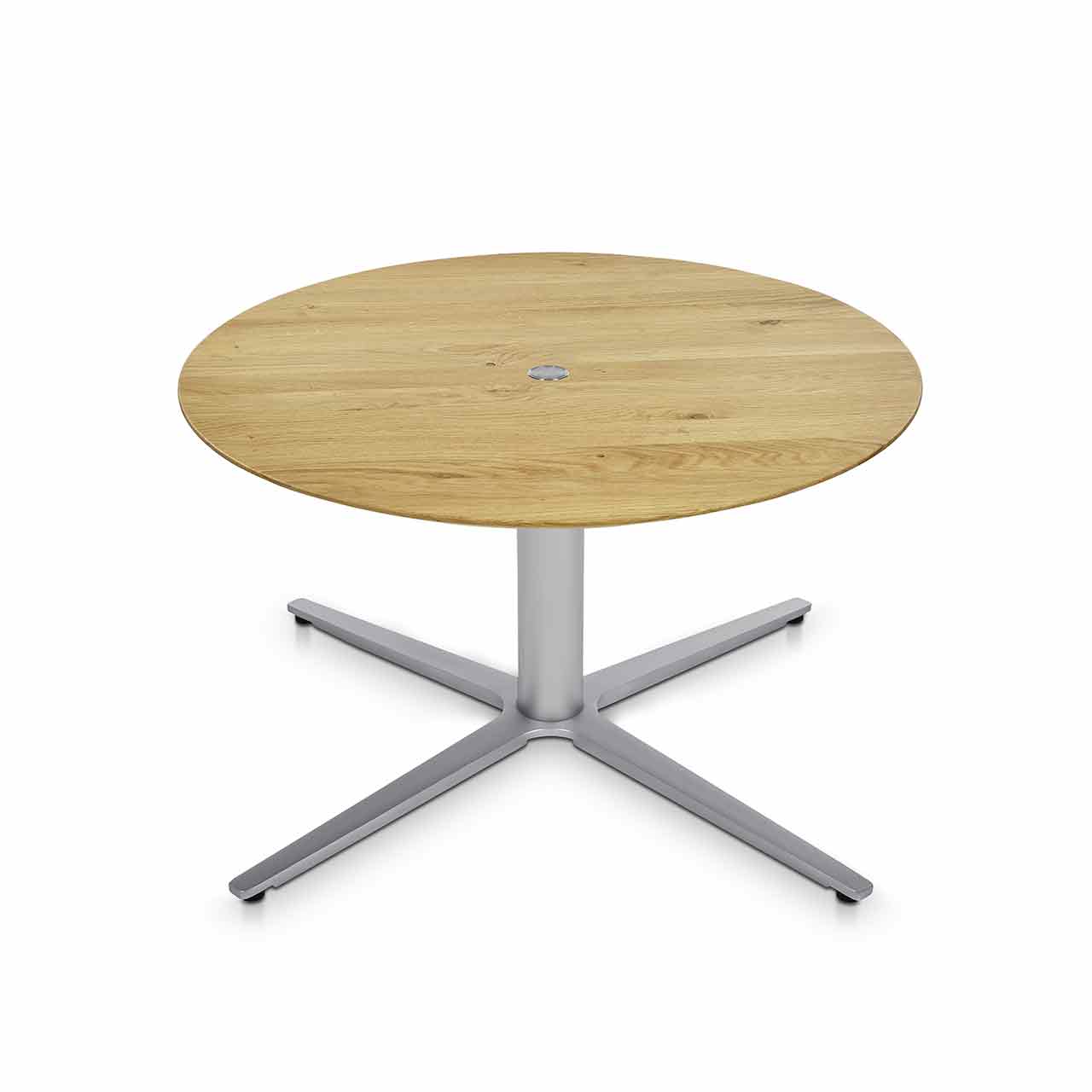 Ronald Schmitt - Triplex P432 rund | 75cm, Tischplatte Wildeiche, Sternfuß, unten Tisch mit runder Tischplatte aus hellem Holz auf kreuzförmigem Edelstahl-Gestell.