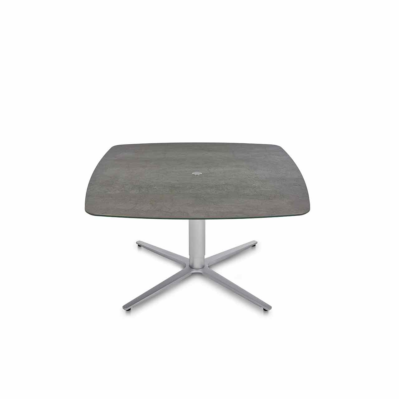 Ronald Schmitt – Triplex P430 bombiert | 90x90 cm, Tischplatte Keramik Zement grau, Sternfuß Edelstahloptik Tisch mit grauer Keramik-Tischplatte mit abgerundeten Ecken auf sternförmigem Edelstahl-Gestell.