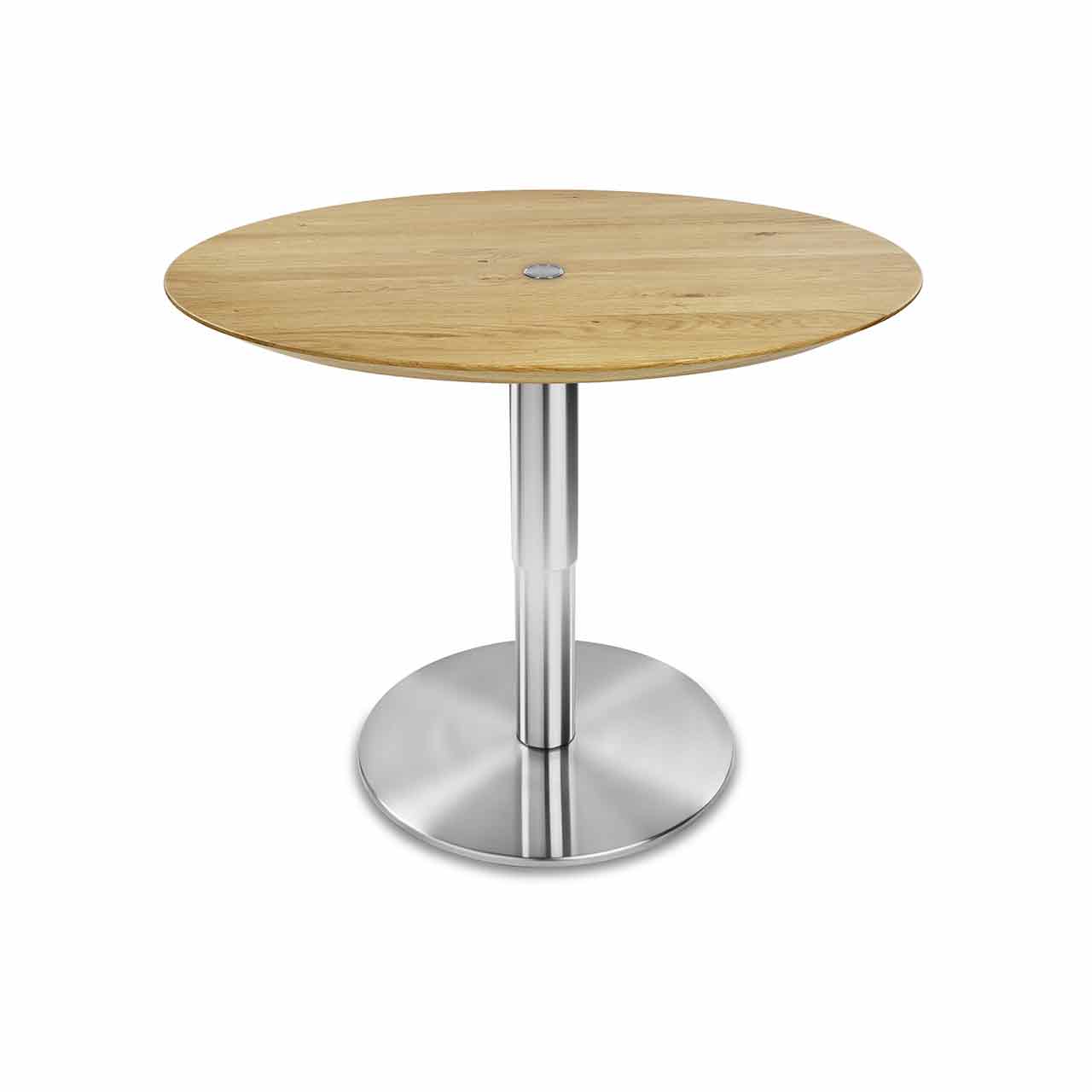 Ronald Schmitt - Triplex P432 rund | 90cm, Tischplatte Wildeiche, Bodenplatte Edelstahl, oben Tisch mit runder Tischplatte aus hellem Holz auf runder Edelstahl-Bodenplatte.