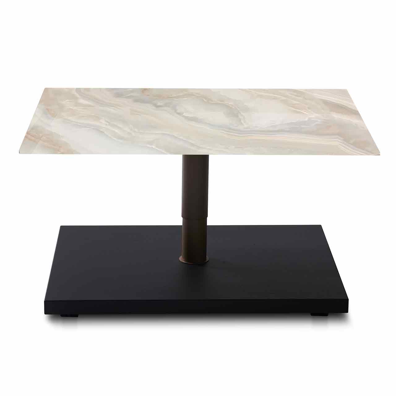 Ronald Schmitt – Couchtisch Kolo K 736 | Tischplatte Keramik Diamond, Säule Bronze Couchtisch mit rechteckiger heller gemaserter Keramik-Platte auf eckiger dunkler Bodenplatte