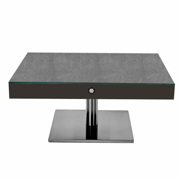Ronald Schmitt – Couchtisch Sesam K 585 | Tischplatte Keramik Zement grau, Bodenplatte schwarz mit Rollen