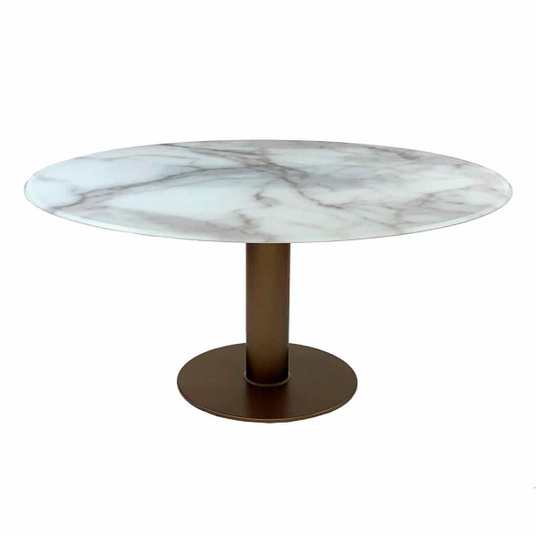 Ronald Schmitt – Esstisch Belinda P 4560/E | Tischplatte Optiwhite Glas Calacatta, Bodenplatte Bronze lackiert
